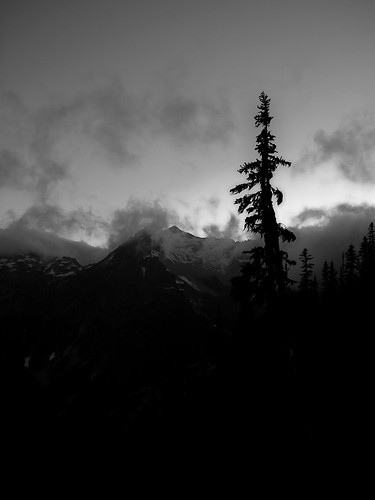 trees sunset bw mountains clouds hiking backpacking