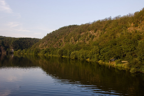 sunset summer reflection tree green water forest still silent footbridge hill bank czechrepublic late davle