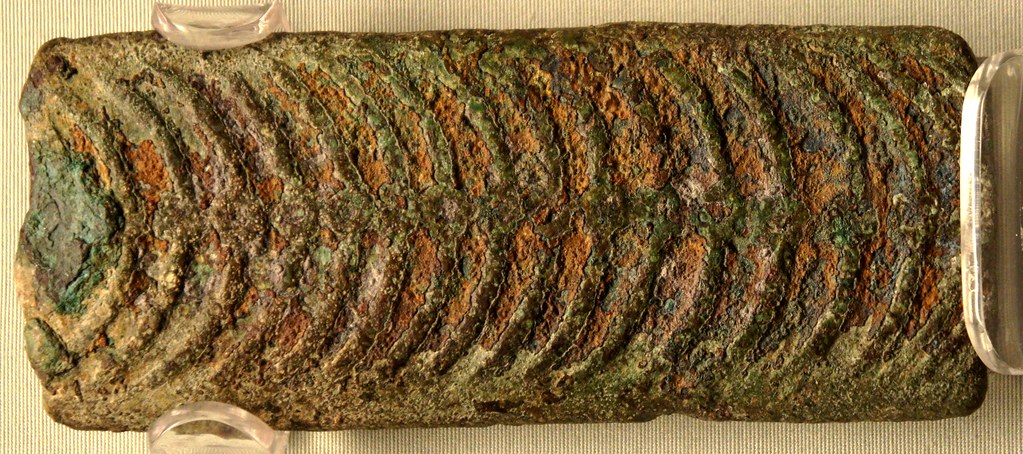 00 Fishbone currency bar from the Roman Republic 6th to 4th centuries BC on display in the British Museum, reverse shows a club