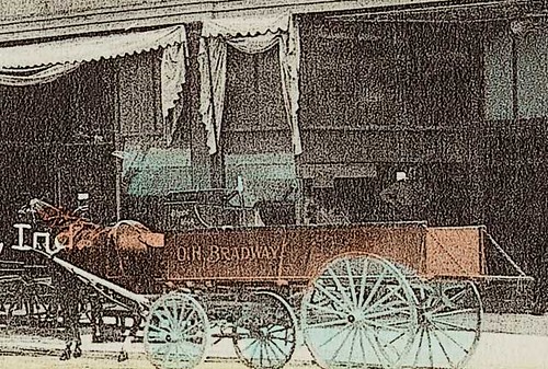 horses people usa signs man color men history buildings advertising awning indiana streetscene transportation shops storefronts grocery businesses wagons rushville hoosierrecollections