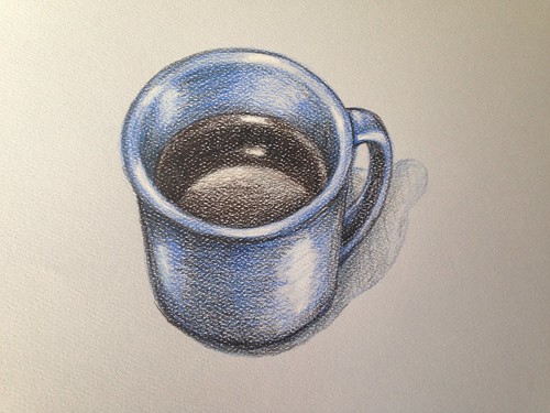 Blue enamelware coffee mug in color pencil.