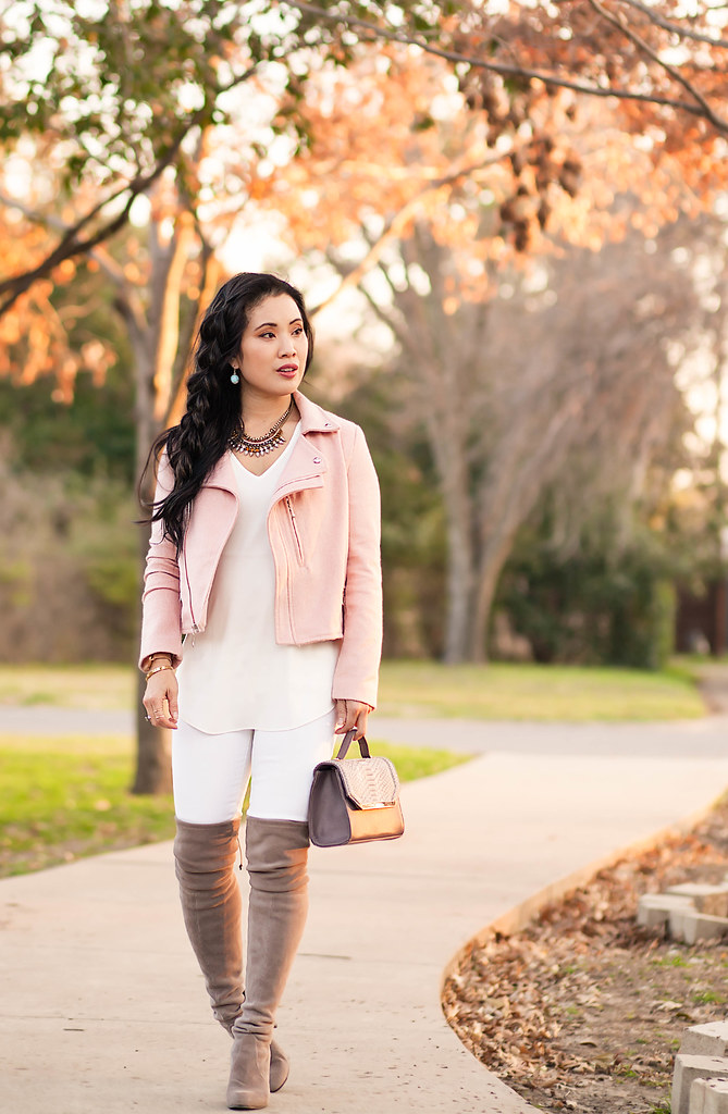 cute & little blog | petite fashion | pink cropped wool moto jacket, white silk shirt, white distressed jeans, stuart weitzman highland gray otk boots | spring transition outfit