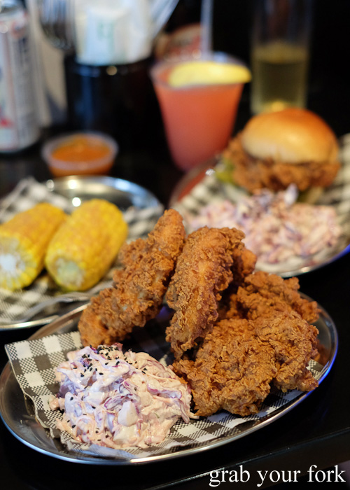 Fried chicken, buttered corn and fried chicken sandwich at Butter, Surry Hills, Sydney