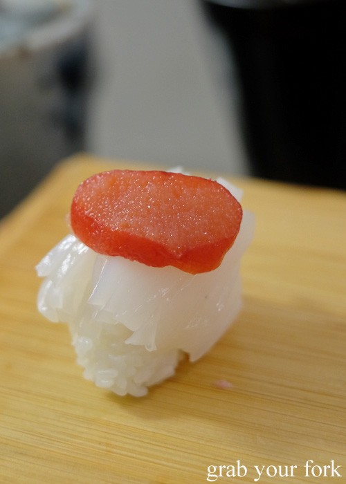 Ika raw squid sushi with mentaiko cod roe at Sashimi Shinsengumi, Crows Nest