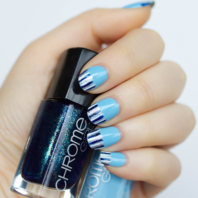 Baby Blue Mini Striped Manicure with Chrome Girl Nail Polish on Living After Midnite