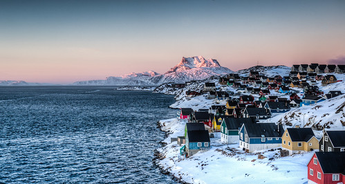 city pink winter sunset red sea sky house mountain snow water colors architecture landscape colorful cityscape dusk arctic greenland polar gl nuuk bygd sermitsiaq
