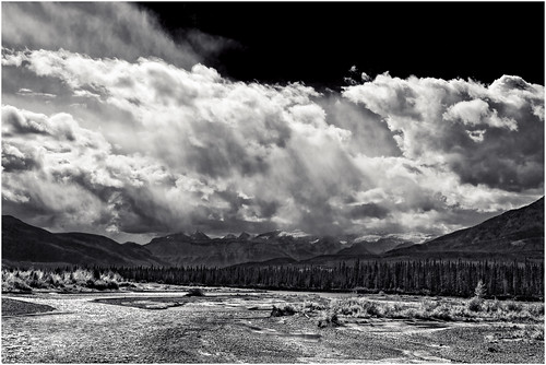travel trees sky blackandwhite canada mountains monochrome clouds landscape rockies scenery rocks parks alberta rivers rockymountains nationalparks gravel jaspernationalpark nwn canadianrockies canoncameras athabaskariver niksoftware tamronlenses rockymountainparks silverefexii