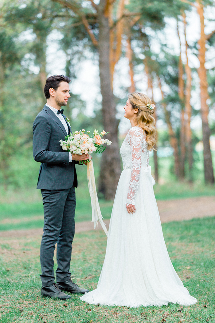 Long sleeves wedding dress for a Romantic Woodland Wedding Inspiration { Soft Peach Tones } | Photo by Igor Kovchegin Photography | Read more on Fab Mood - UK wedding blog
