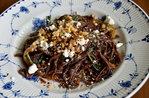 Fresh Beet Linguine with Goat Cheese, Swiss Chard & Toasted Walnuts