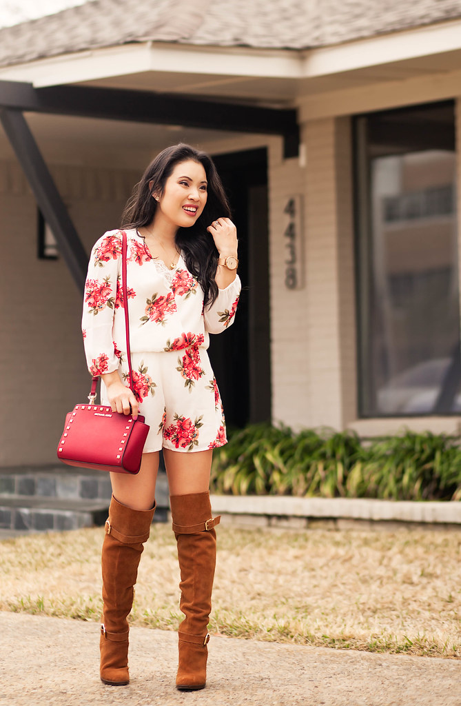 cute & little blog | white red roses floral romper, suede over the knee otk boots, kors selma studded crossbody bag | spring outfit