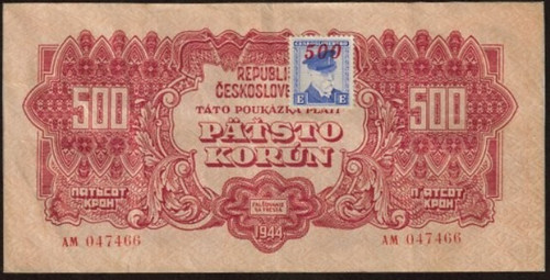 Stamped Czechoslovakian banknote