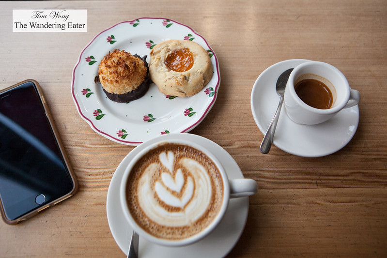 Streamline espresso (doppio), Cappuccino, chocolate dipped coconut macaroon and apricot thumbprint cookie