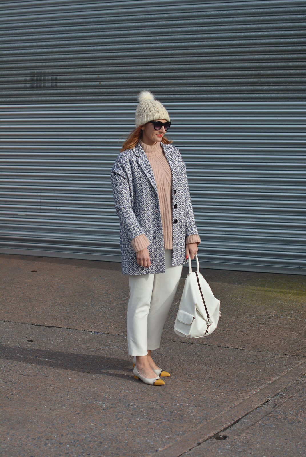 Blush pink, white and blue jaquard winter layers | Not Dressed As Lamb