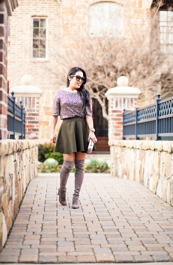 cute & little blog | sequin embellished top, olive skater skirt, gray suede stuart weitman highland otk boots | date night party outfit