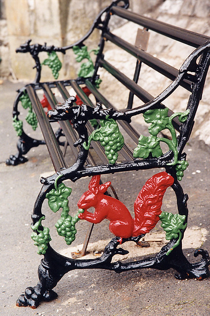 A cast-iron squirrel bench at the Morecambe railway station in England