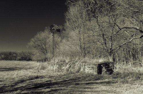 windmill winter sky shadows masonry grass pasture abandoned field weathered infrared oxidation baretrees