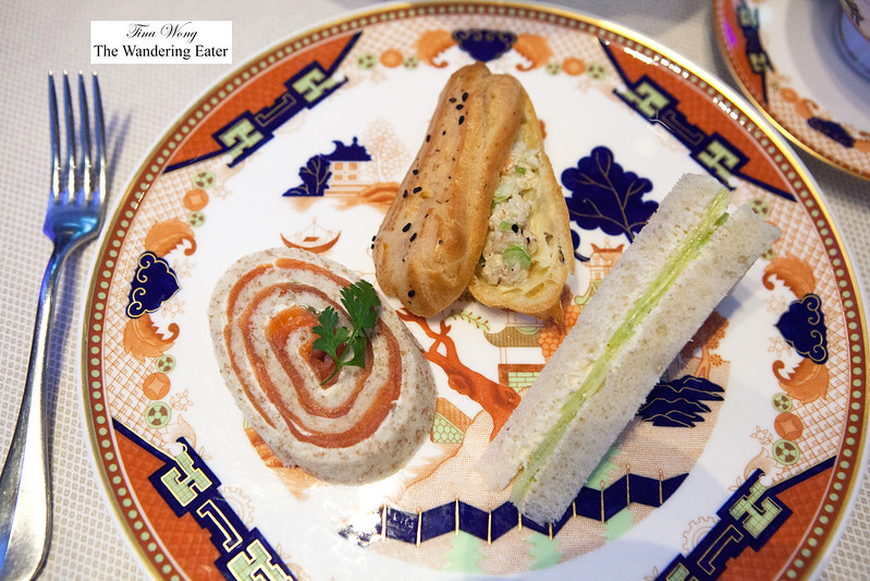 Smoked Sockeye salmon, lemon caper and cream cheese spiral, cucumber with horseradish tea sandwich and Curried pink shrimp eclair