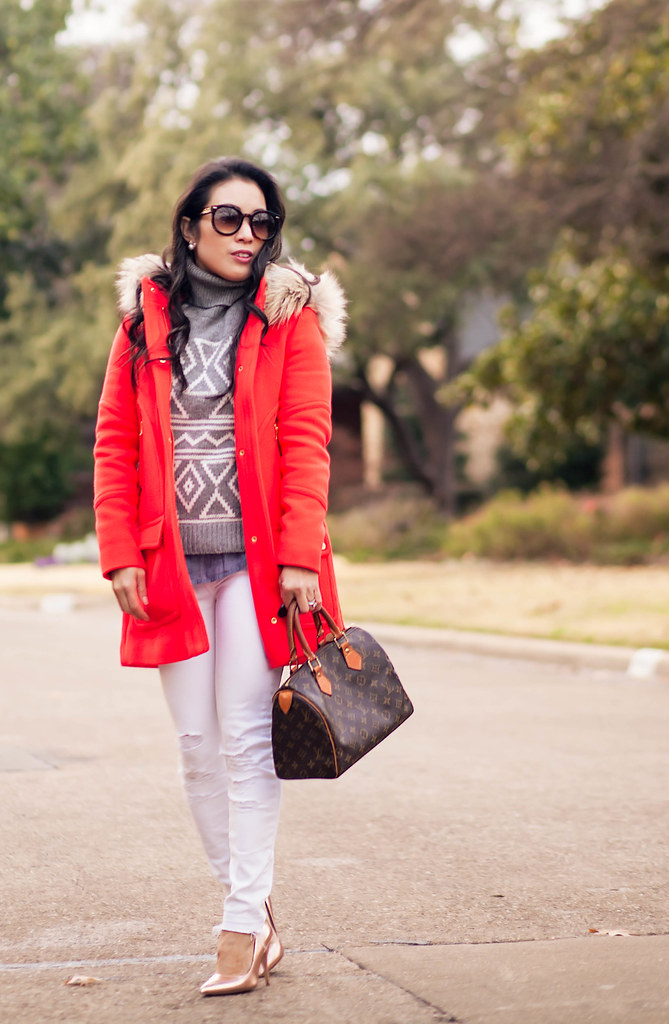 cute & little blog | petite fashion | j.crew chateau electric red parka, grey fair isle sweater, white jeans, chambray shirt, lv speedy 25 | winter outfit