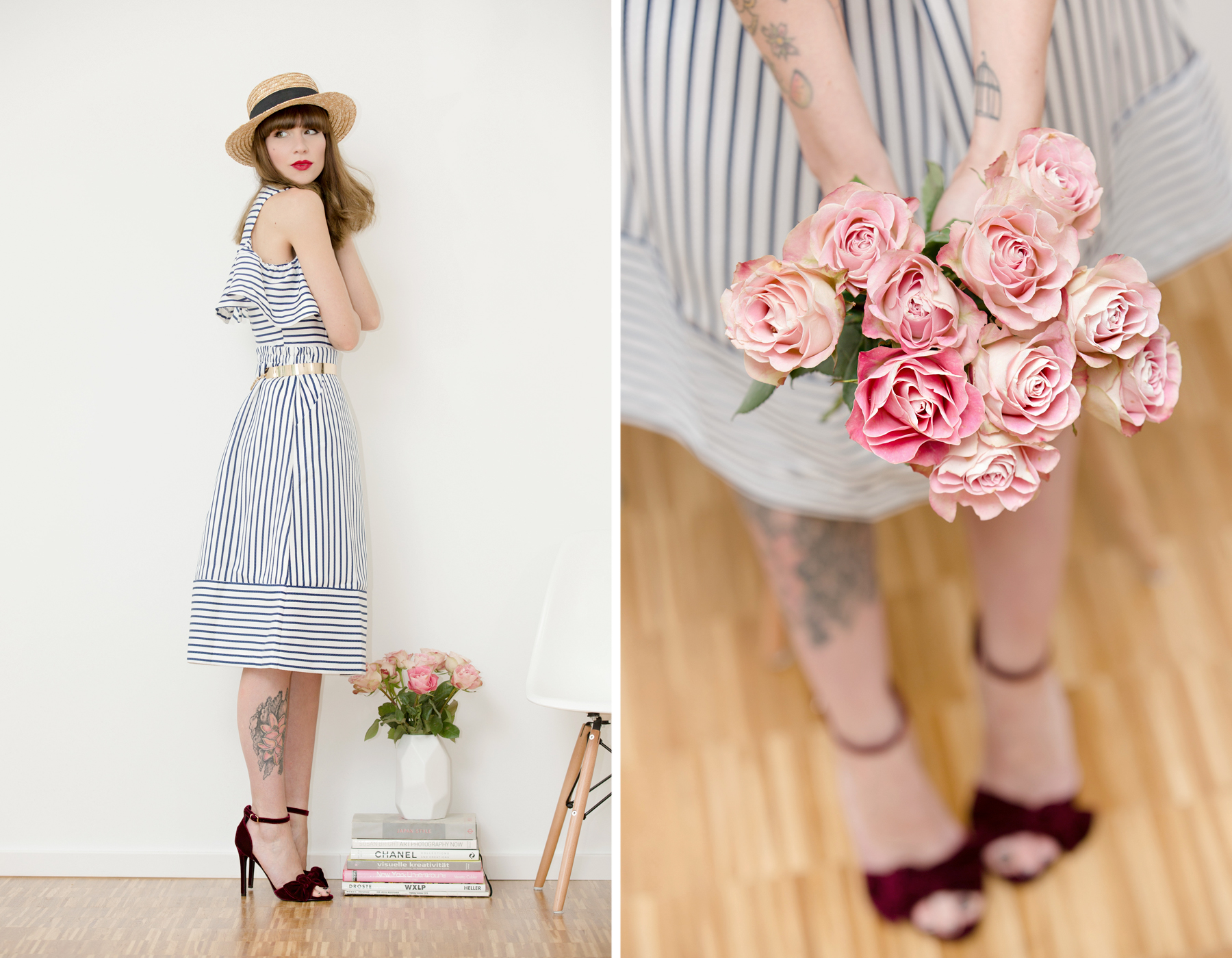 shopbop striped outfit styling topshop roses valentines day valentinstag hut 50s 60s cute girly girl bangs brunette red lips ootd outfit fashionblogger ricarda schernus cats & dogs blog 2