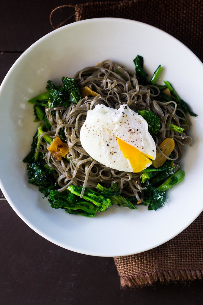 Sepia Pasta with Broccoli Rabe and Poached Egg