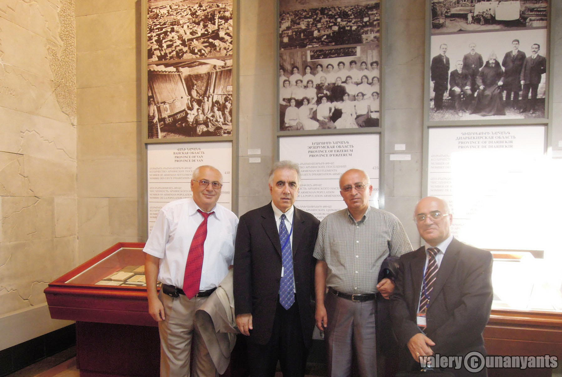 At the Armenian Genocide Museum. Left to right: Fahrad Apujanyan, editor of <i>Lusardzak</i> newspaper in Spitak; Harut Sassounian, publisher of the US-based <i>The California Courier</i>; Pap Hayrapetyan; and Felix Gevorgyan, Kaliningrad journalist.