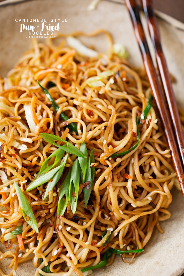 Cantonese-Style Pan-Fried Noodles - smokey noodles just like your favorite restaurants and it's a quick 30 minutes to make! That's faster than takeout! #cantonesenoodles #panfriednoodles #chowmein | Littlespicejar.com