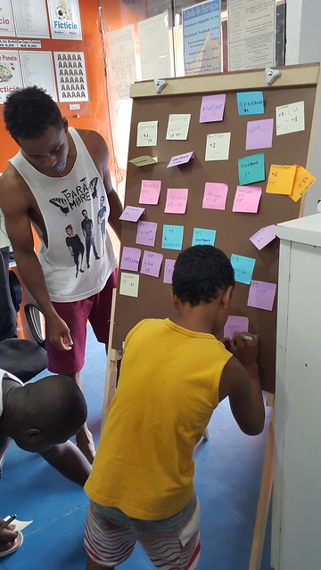 Photo of club members using post-it notes and flipchart