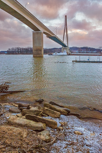 road morning bridge winter light ohio sky snow cold color ice water vertical architecture clouds docks sunrise river outdoors boat us rocks day unitedstates suspension stones huntington under ducks east cables westvirginia shore below underneath rectangle barge 31ststreet guyandotte cabellcounty