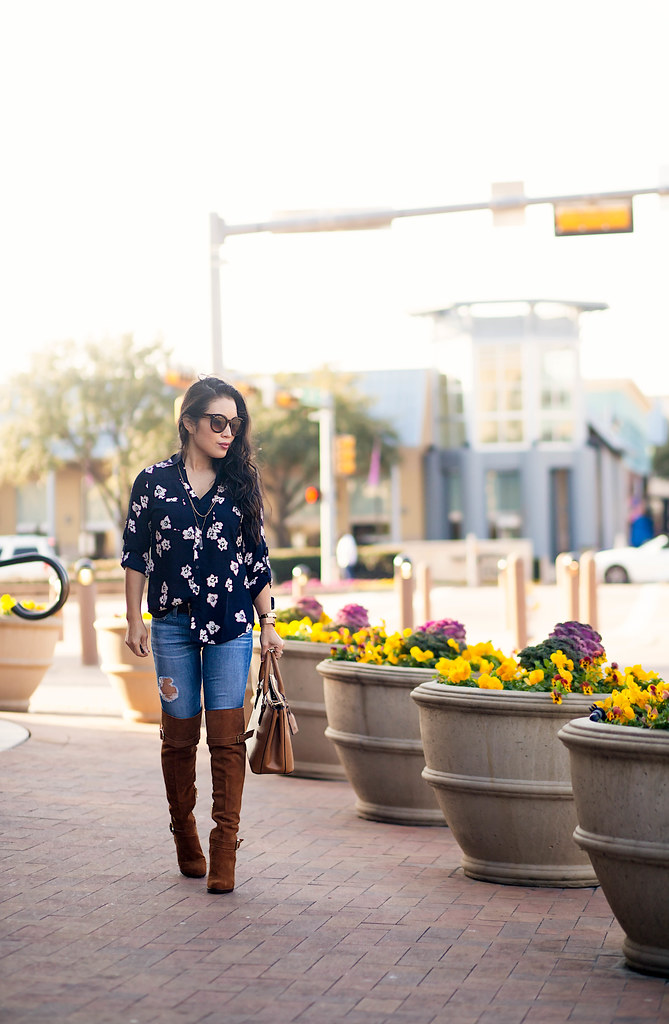 cute & little blog | petite fashion | express portofino floral shirt, ag distressed jeans, report lipton brown suede over the knee otk boots | casual spring outfit