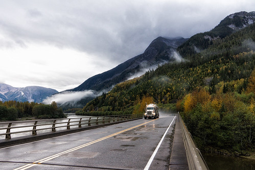 bridge autumn cloud mist mountain fall rain fog truck river bc skeena highway16 canadapt