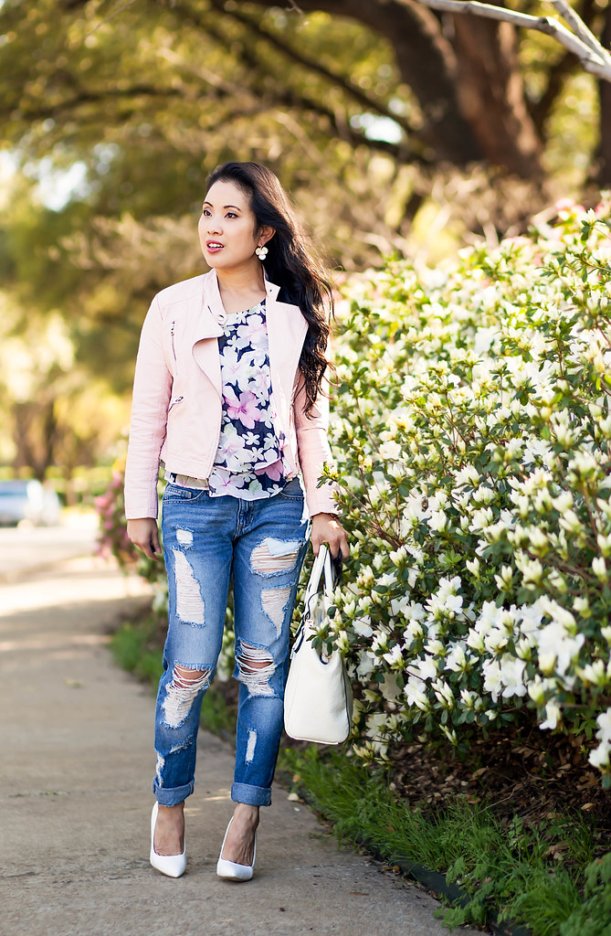 cute & little blog | petite fashion | pink blush moto jacket, floral tiered blouse, akira distressed jeans, white pumps | spring outfit