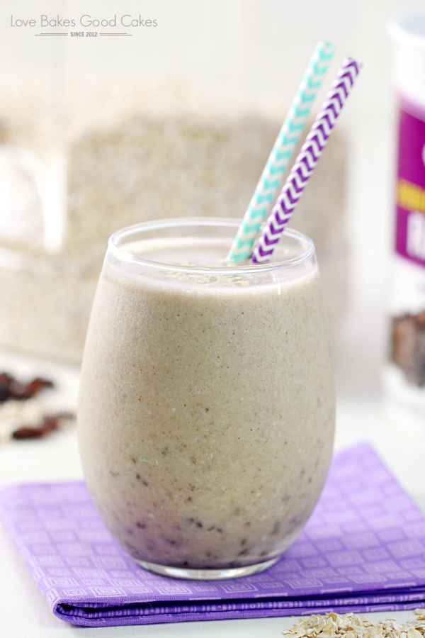 Banana Bread Smoothie in a glass with two straws close up.