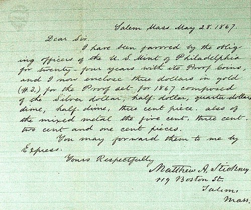 1867 Stickney letter ordering proof set
