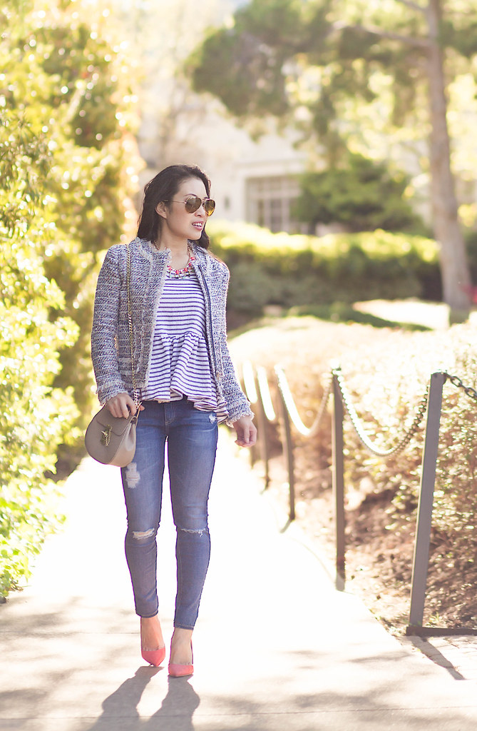 cute & little blog | petite fashion | petite tweed jacket, striped peplum top, petite distressed jeans, m.gemi cammeo coral pumps, small chloe drew bag, statement necklace, ray ban aviators | spring outfit