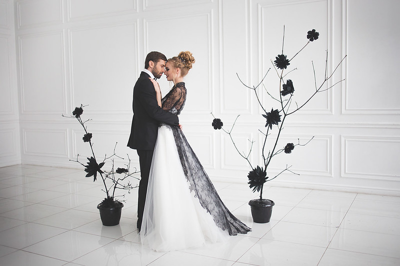 Black and white wedding dress for A Magic Black Wedding Inspiration Shoot | Photo by Anastasia Marchenko of Your Personal Photographer | Read more on Fab Mood - UK wedding blog #blackwedding #weddingideas