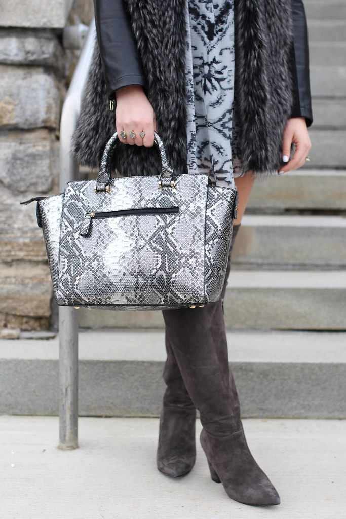 All Gray Winter Outfit | Gray Suede OTK Boots | Snake Skin Bag | Fur Vest | Printed Tunic | Glam Style