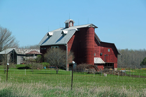 noah county blue trees roof red sky building field metal barn standing fence wire doors mesh michigan farm grain structure historic bin silo cupola agriculture seam hillsdale township addition woodbridge sheds outbuilding dormers gambrel