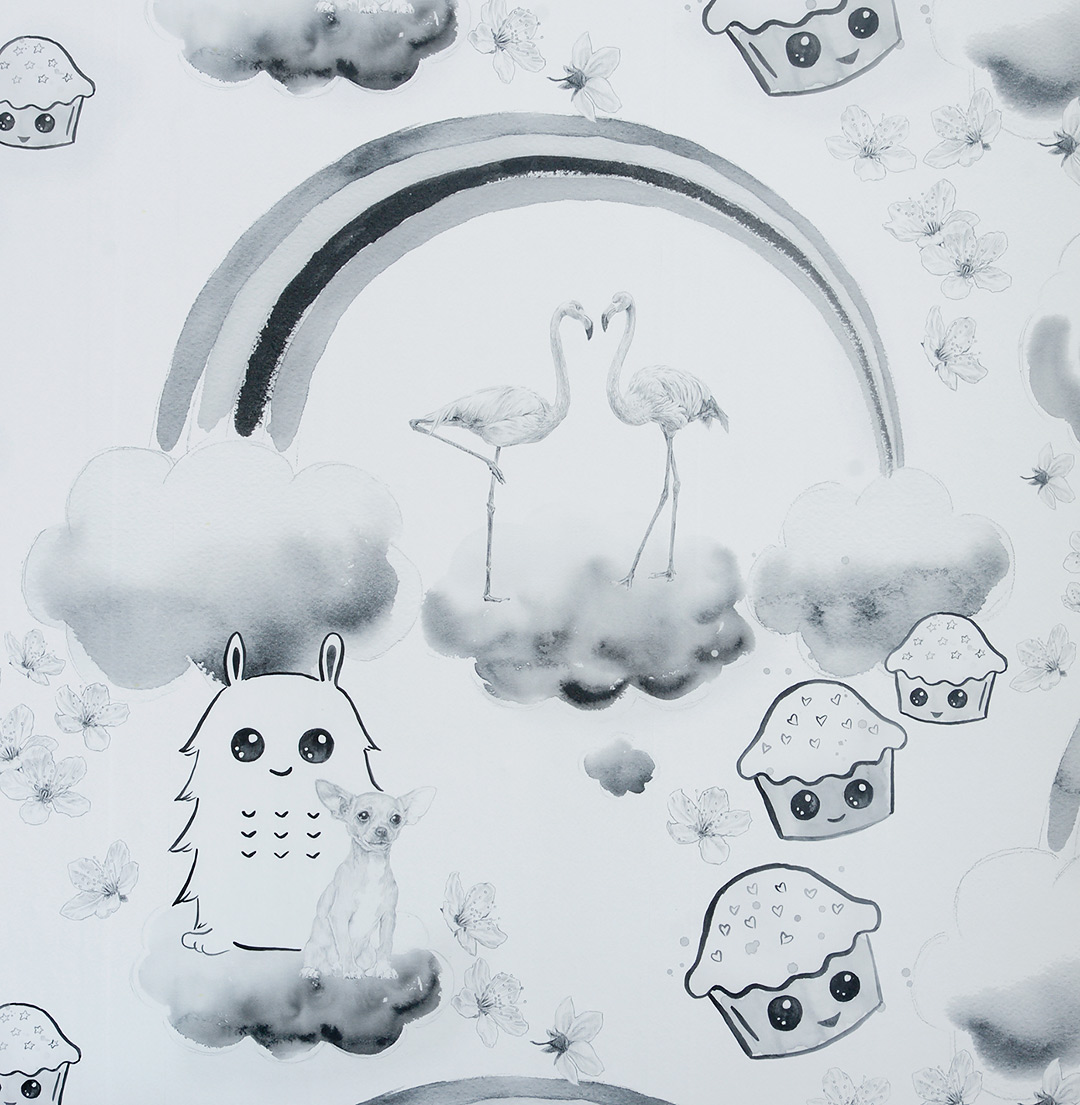 Flamingos, cupcakes and puppies - Detail of wallpaper design by Jutta Rikola