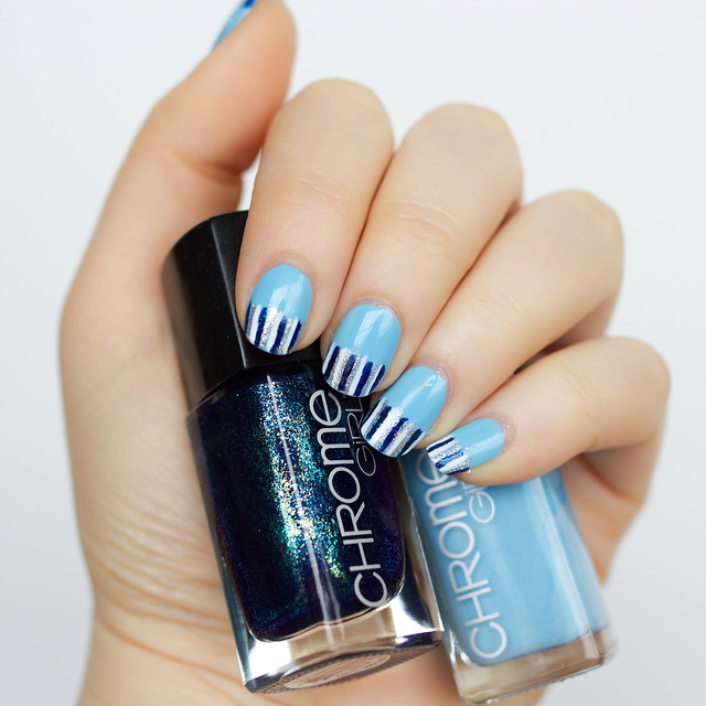 Baby Blue Mini Striped Manicure with Chrome Girl Nail Polish on Living After Midnite