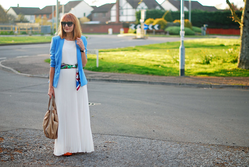 SS16 White pleated maxi skirt, white chiffon top, blue blazer, scarf as belt, orange lace up flats | Not Dressed As Lamb