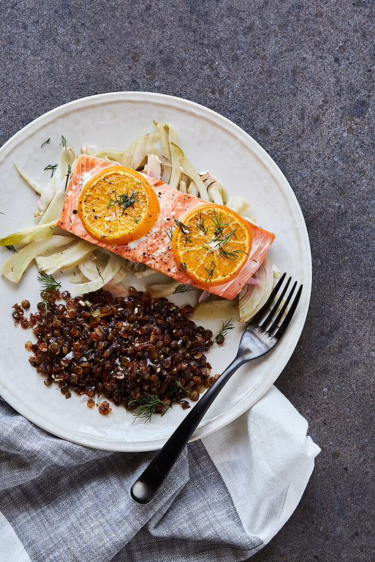 Slow Roasted Citrus Fennel King Salmon with Crispy Fried Lentils