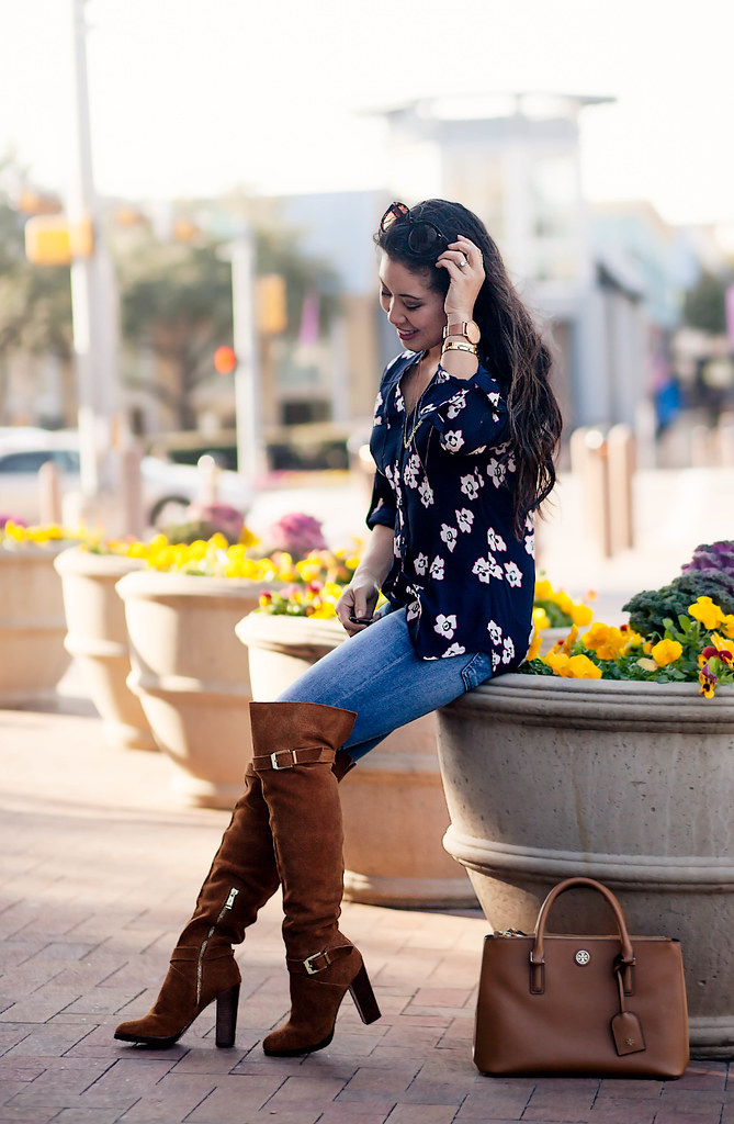 cute & little blog | petite fashion | express portofino floral shirt, ag distressed jeans, report lipton brown suede over the knee otk boots | casual spring outfit