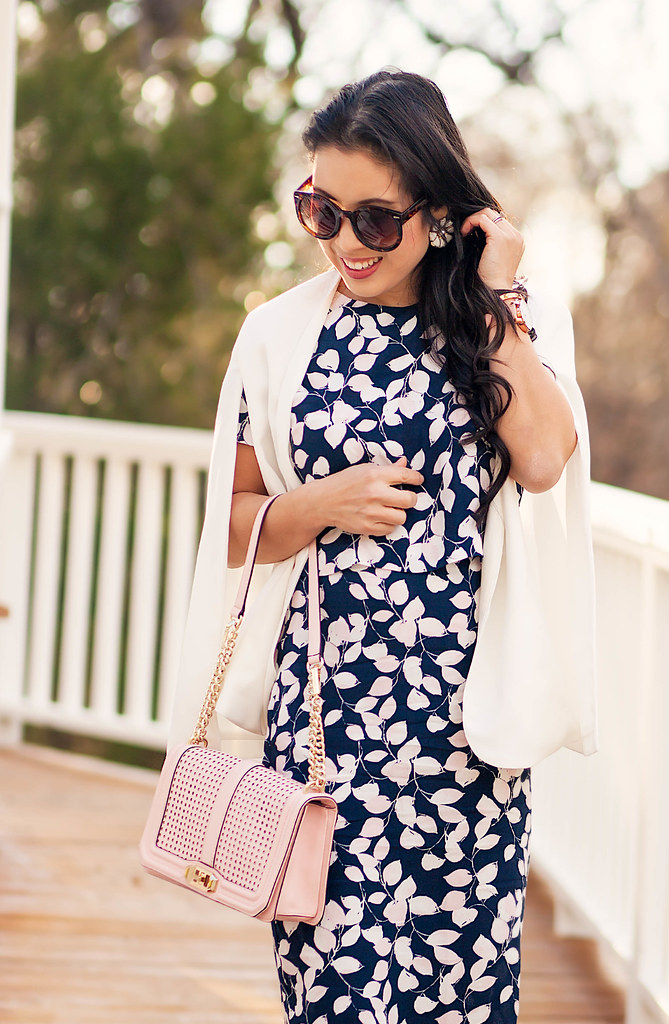 cute & little blog | petite fashion | white cape blazer, leaf print crop top midi skirt set, pink pumps, pink bag | work spring outfit
