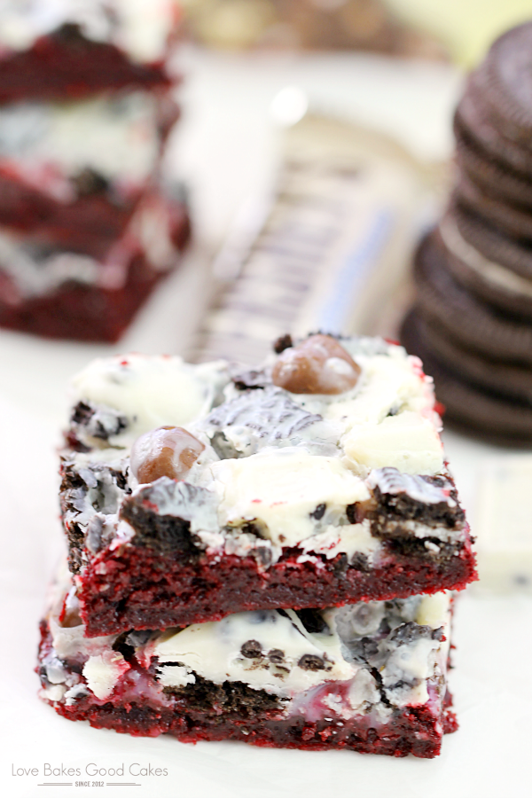 Cookie Lover's Red Velvet Bars with OREO cookies.