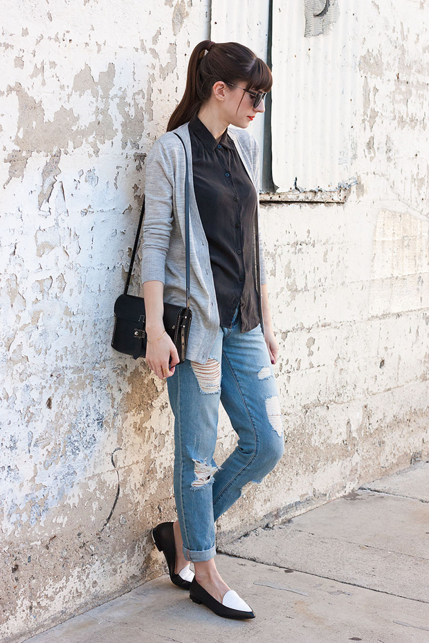 Boyfriend Cardigan, Everlane Outfit, Black and White Loafers