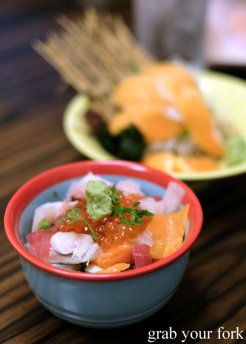 Sashimi seafood on rice at Tsubohachi Izakaya in Hakodate, Hokkaido