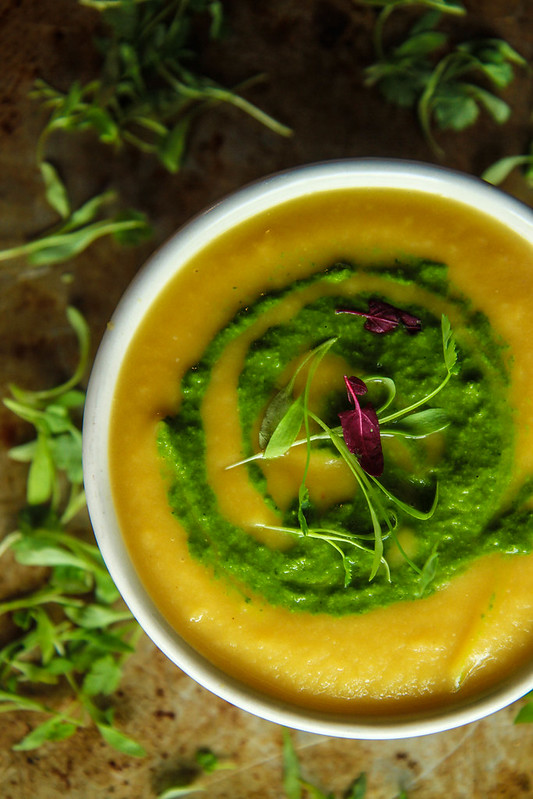 Roasted Sweet Potato and Butternut Squash Soup with Cilantro Sauce