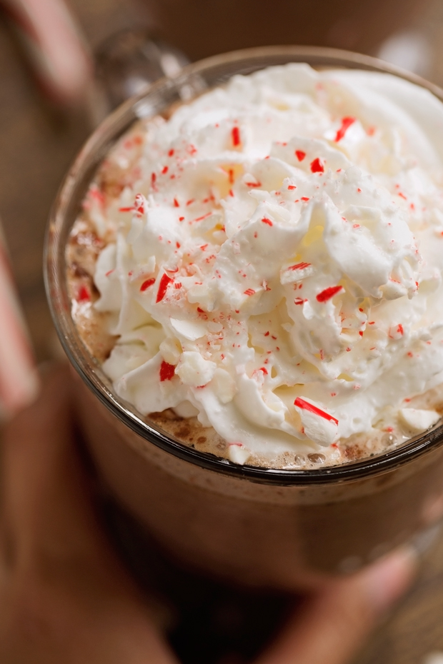 Cozy Peppermint Hot Chocolate {Slow Cooker} - A simple recipe to make in the slow cooker! Flavored with candy canes and not peppermint extract! #pepperminthotchocolate #peppermintmocha #hotcocoa #hotchocolate | Littlespicejar.com