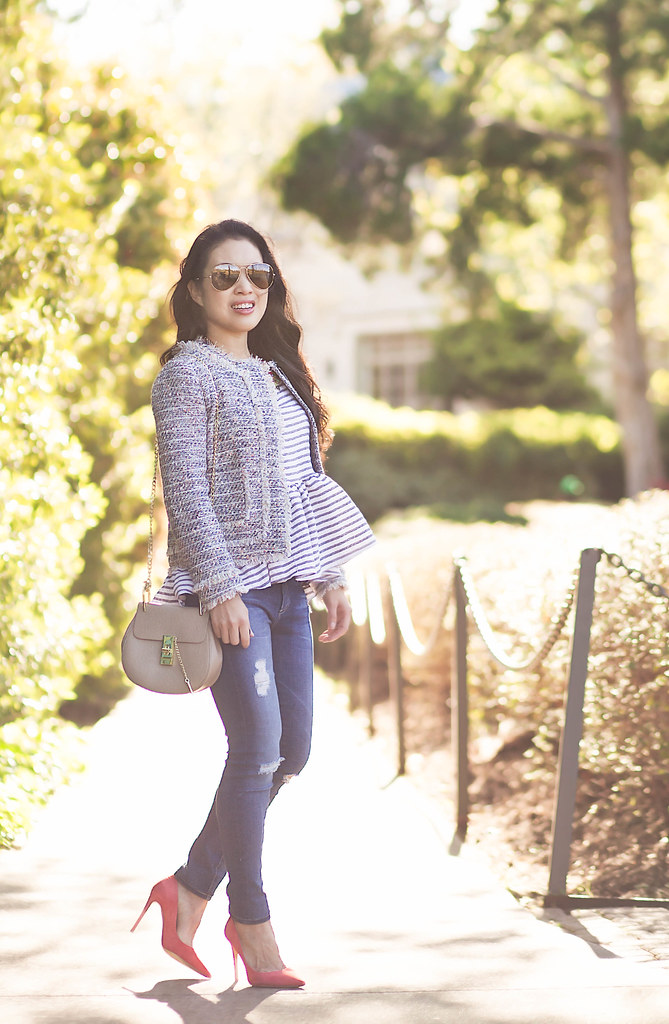 cute & little blog | petite fashion | petite tweed jacket, striped peplum top, petite distressed jeans, m.gemi cammeo coral pumps, small chloe drew bag, statement necklace, ray ban aviators | spring outfit