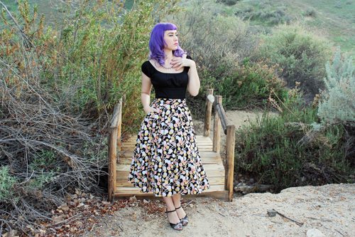 Emily and Fin Sandy Skirt in Swirling Lollipop Pinup Couture Peasant Top in Black